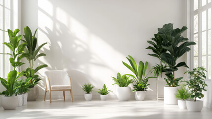 Fototapeta premium White wall empty room with plants on a floor,3D rendering