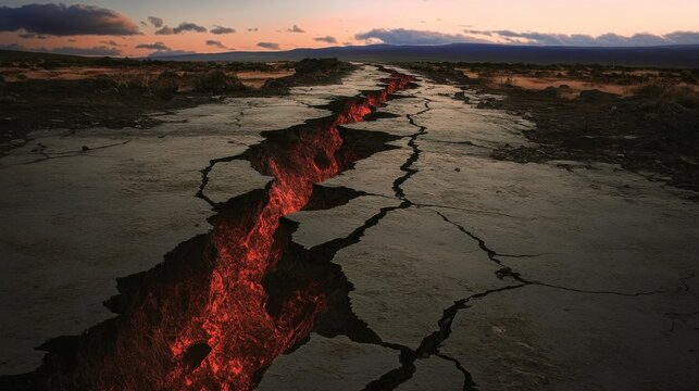 Ground splitting open with molten lava at sunset after earthquake