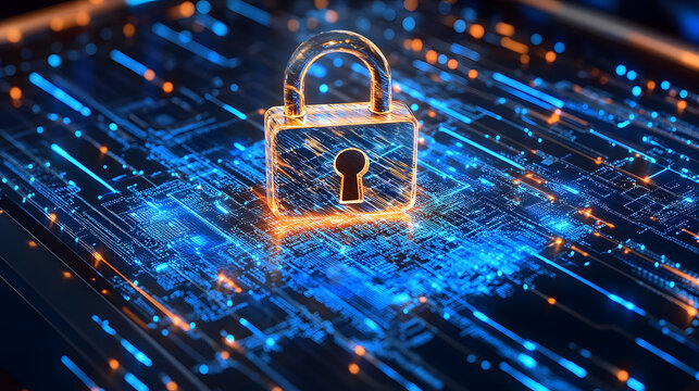 A digital padlock on a glowing circuit board background. Concept for cybersecurity, data protection, online privacy, and secure networks. 