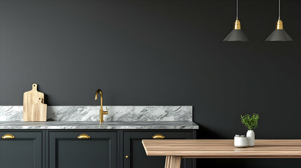 Modern Dark Kitchen With Wooden Table And Marble Countertop