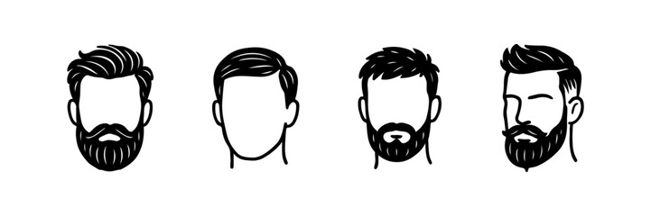 Set of male hairstyle and beard illustrations isolated. Each head shows a unique haircut and facial hair style, isolated.