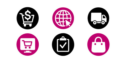 Set of e-commerce and shopping icons isolated. Includes cart, delivery, order, and payment symbols in round buttons, isolated.