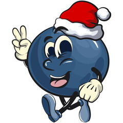 Cute blueberry fruit vektor illustration mascot character wearing a Santa Claus hat while giving a two-finger peace sign, work of hand drawn