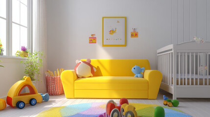 Mockup wall in the children's room with yellow sofa on wall white colors background.3d rendering