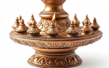 Traditional Brass Oil Lamp with Intricate Carvings Isolated On White Background.