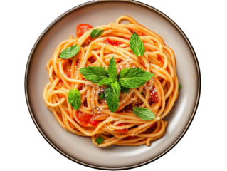 pasta balognese on smooth designer plate sprinkled with grated cheese, isolated on white background