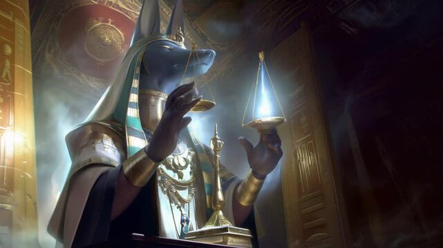 Ancient Egyptian deity Anubis performing ritual with balance scales in mystical temple environment, representing cosmic order and afterlife judgment