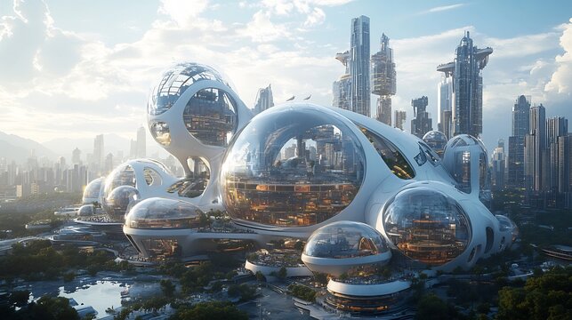 Visionary Metabolist urban concept with futuristic modular mega structures adaptable pod like units and a focus on sustainability and flexibility in urban design evoking a sci fi cityscape