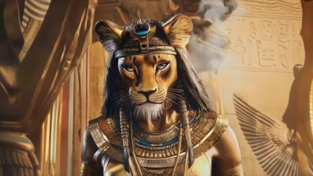 Anthropomorphic lion deity of war Sekhmet, wearing elaborate Egyptian royal attire with golden ornamental details, positioned in a hieroglyphic temple environment