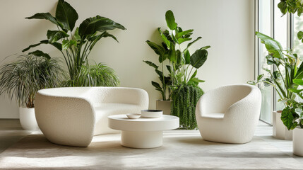 A bright interior features a minimalist seating area with two unique white chairs and a round table. Lush indoor plants create a refreshing atmosphere and enhance the design