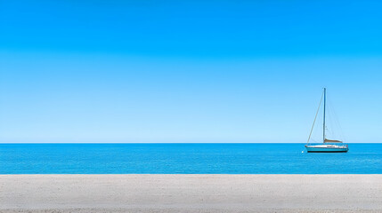 Fototapeta premium Wide Shot Of A Sailboat On Calm Turquoise Ocean With Sandy Beach And Bright Blue Sky