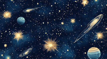 Naklejka premium Starry space seamless pattern. Galaxy shiny stars fabric print, astronomy science starlight background or night sky wallpaper vector pattern. Universe starry pattern with glowing stars and comets