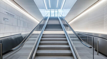 A clean, contemporary staircase ascends under soft, bright lighting. The sleek surfaces and simple lines create a spacious feeling in this urban interior