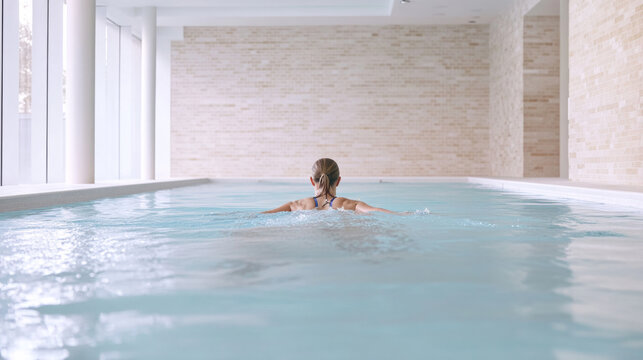Morning swim exercise woman swimming laps in private indoor pool for fitness and relaxation