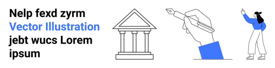 Hand writing with pen, classical building stands for institution, person pointing upward. Ideal for writing, creativity, education, learning, knowledge, innovation simple landing page