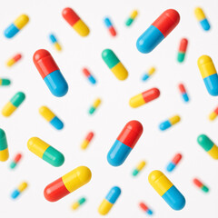 Bright multicolored capsule pills floating on white background, pharmaceutical and healthcare concept
