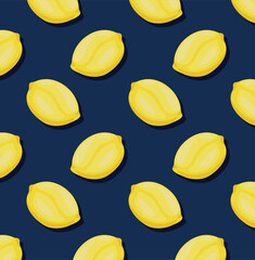 Pattern with fresh lemons on dark blue background. Creative concept
