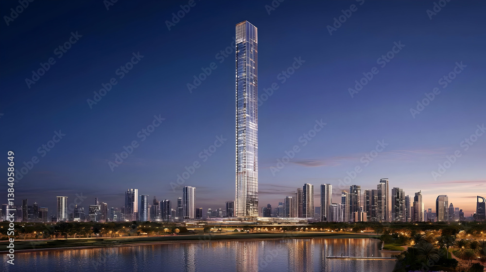 Poster modern skyscraper design with river reflection at twilight
