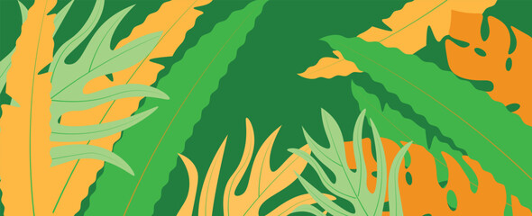 Naklejka premium Summer horizontal background with bright abstract tropical leaves. Modern art minimalist style design template for sales, horizontal poster, header, cover. vector