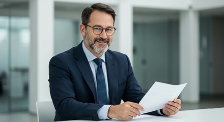 Fototapeta premium Confident Middle-Aged Businessman Reviewing Documents in Modern Office Setting
