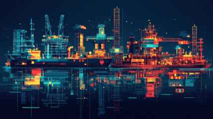 Fototapeta premium Petroleum industry icons in flat style with offshore oil platforms, oil pump jacks, oil refinery plants, thermal power plant and filling station