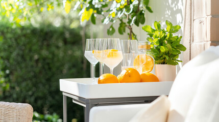 Compact outdoor bar cart setup with citrus and greenery for backyard entertaining