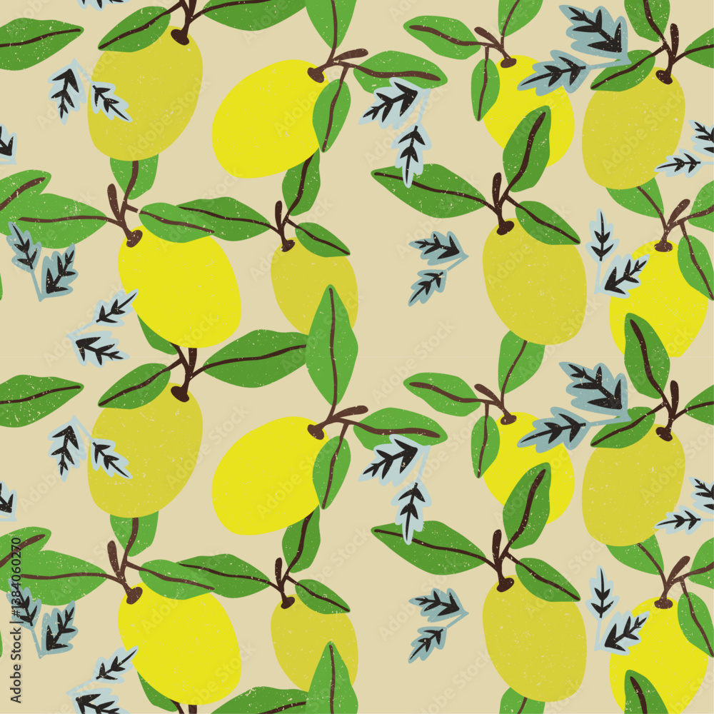 Aufkleber Lemons pattern with green leaves. Seamless pattern for print.