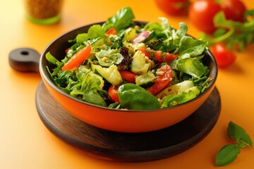 A colorful vibrant salad is beautifully presented in a wooden bowl