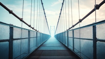Suspension bridge pathway vanishing into misty horizon.