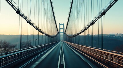 Obraz premium Sunrise view of a suspension bridge with a highway.