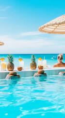 Obraz premium Luxurious poolside oasis with swim up bar and tropical beach ambiance for relaxation