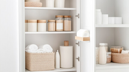 Modern pantry organization with paper towel holder and storage containers for home design
