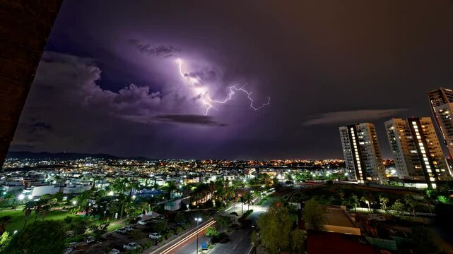 Horizontal landscaped video of Puebla cityscape with purple lightnings during nighttime