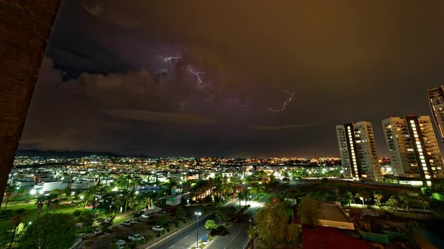 Horizontal landscaped video of Puebla cityscape with purple lightnings during nighttime