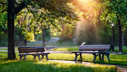 雨が上がり、朝日が差し込む公園のベンチと濡れた芝生。葉に残る水滴が太陽の光を受けて、キラキラと光り、穏やかな朝の時間が流れ始める。

