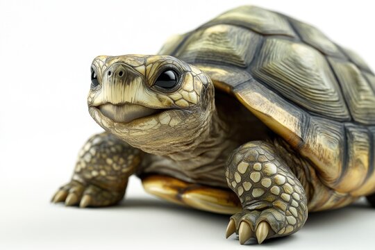 A cute baby tortoise with dark eyes and a textured shell looks curiously towards the viewer.