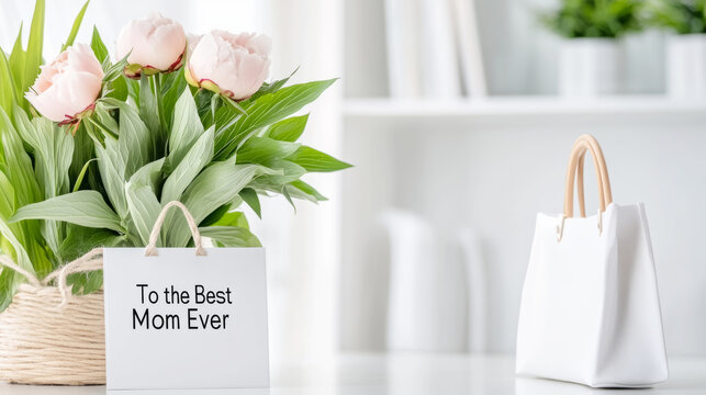 Elegant floral arrangement with personalized gift bag for mother's day celebration