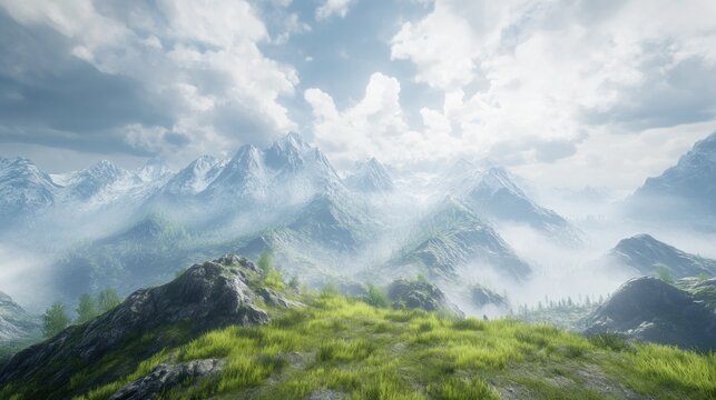 Misty mountain range with green hills and snow-capped peaks under a partly cloudy sky.