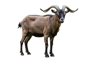 Obraz premium A brown and black goat with large horns on a white background