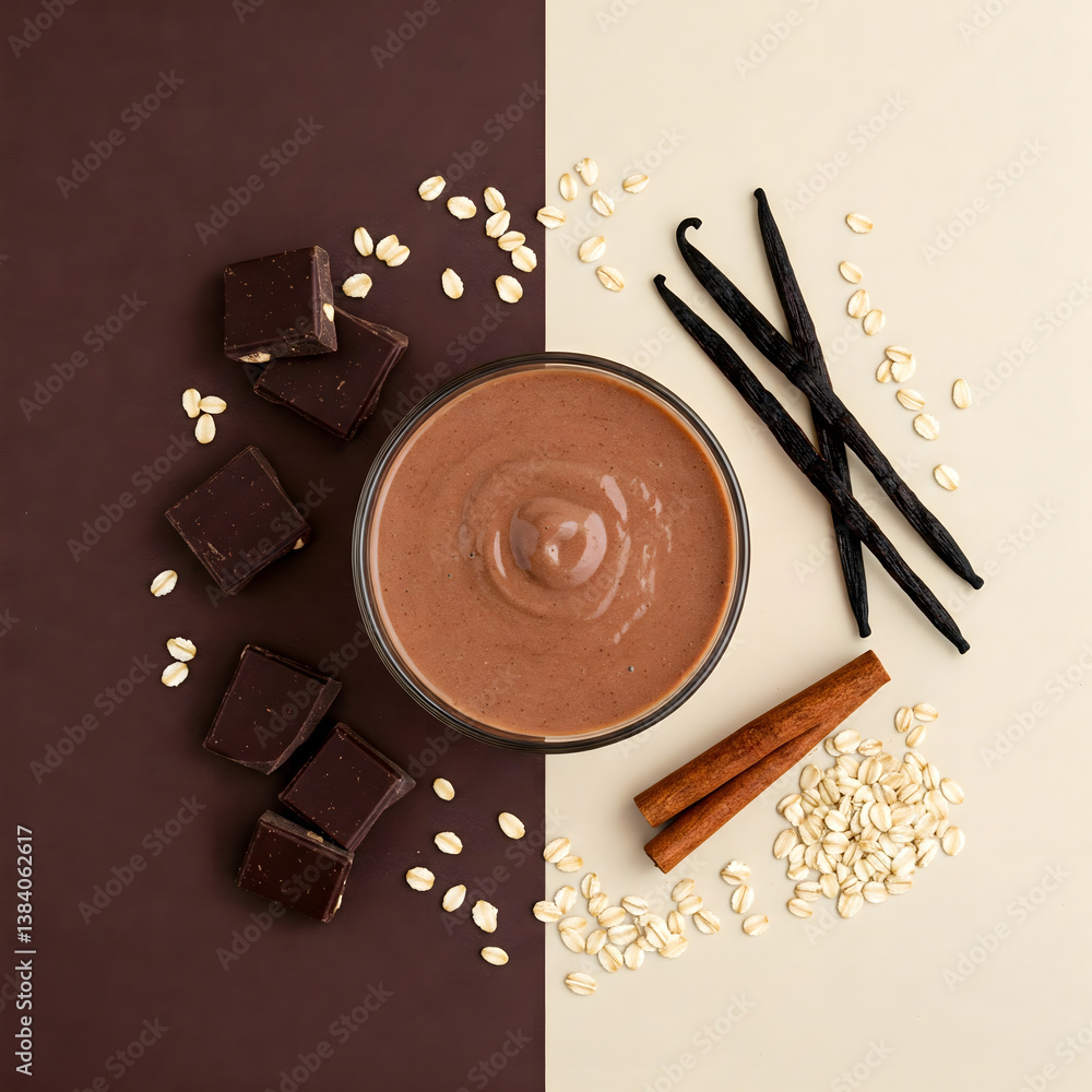 Aufkleber overhead view of a dessert in a glass bowl with chocolate chunks and oats on a brown background, and