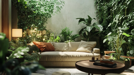 Modern living room interior with sofa and green plants,lamp,table on white wall background. 3d rendering