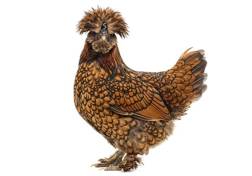 A golden laced bantam chicken standing on a white background.
