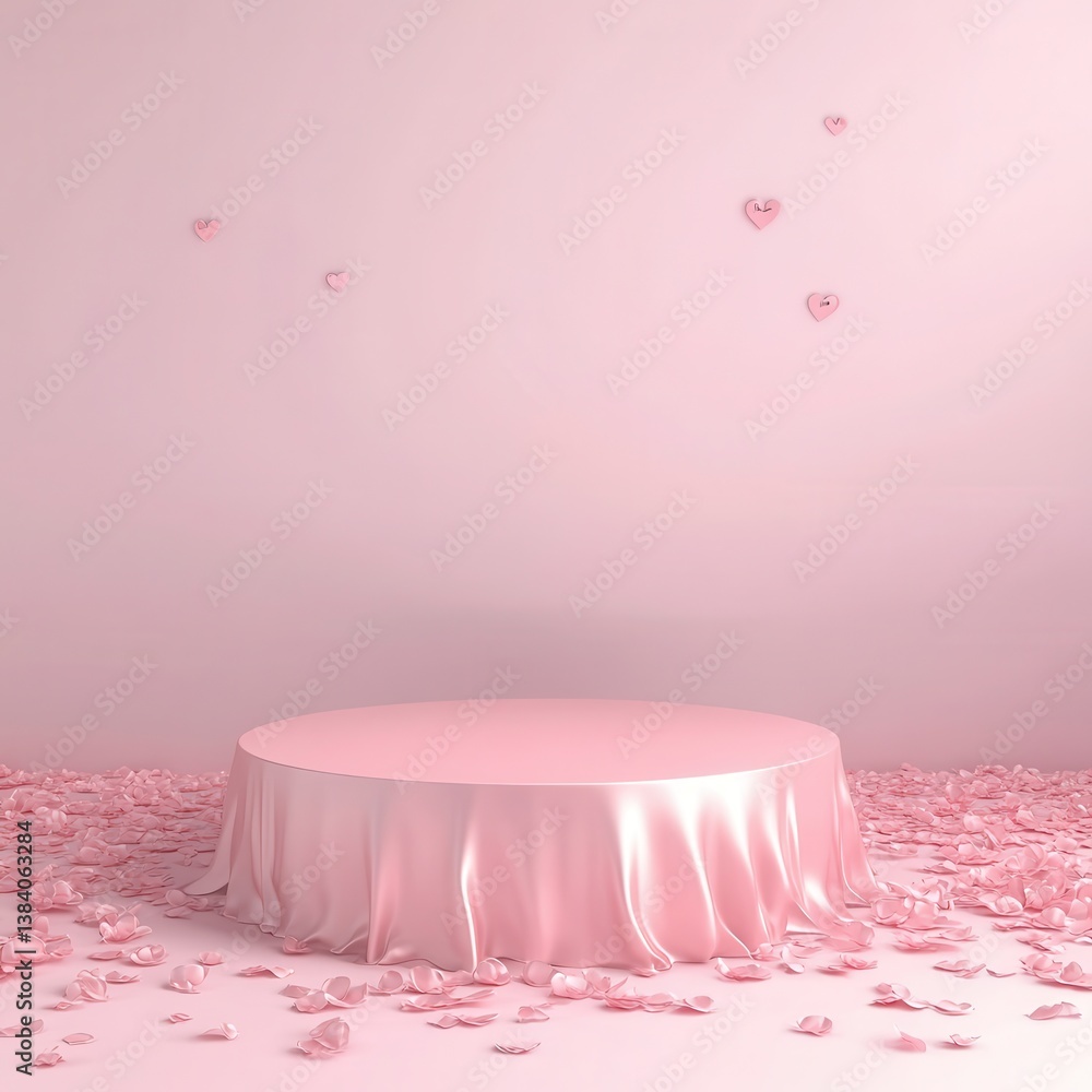 Aufkleber pink pedestal or podium display with satin fabric platform concept on valentines background. blank s