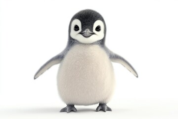 Adorable fluffy penguin chick standing on white background, looking cute.