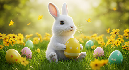 Fototapeta premium Adorable Easter Bunny in Spring Meadow Holding Egg