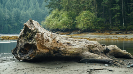 A large piece of driftwood lies on the sandy bank of a serene lake surrounded by dense green trees. Early morning light casts soft shadows, creating a peaceful atmosphere
