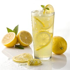 a vibrant lemon zest drink in a clear glass, bright yellow citrus tones, fresh lemon slices and zest floating in the liquid, smooth and refreshing texture, light condensation on the glass (