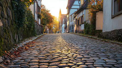 A serene cobblestone street winds through a charming village at sunset, showcasing historic architecture and autumn foliage while casting long shadows