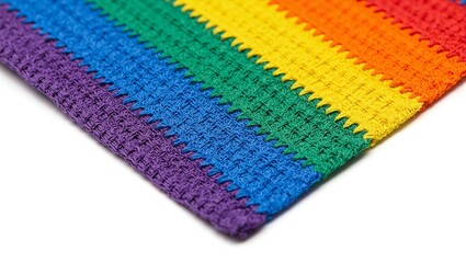 Close up vibrant pride flag fabric weave with detailed stripes in high resolution against a white backdrop