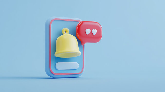 3D Mobile phone with speech bubble and bell. New message notification. Push reminder. Social media communication. Newsletter subscription. Cartoon creative design icon. 3D Vector illustration